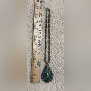 Turquoise inlay mosaic boho tribal style Teardrop Pendant Necklace beaded chain